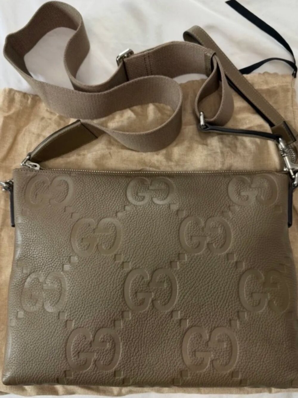 Gucci Jumbo GG Embossed Taupe Messenger Bag